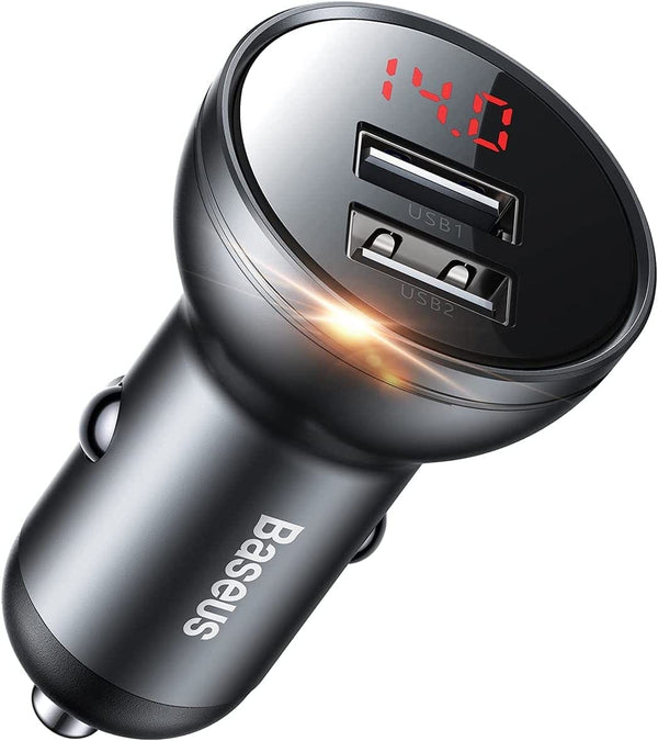 Car charger with digital display and two USB ports 4.8A 24W with three cables in primary colors 3 in 1